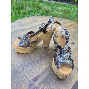 Callisto of California Snakeskin Platform Sandals Brown Cork Block Heel Size 6